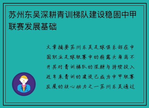 苏州东吴深耕青训梯队建设稳固中甲联赛发展基础